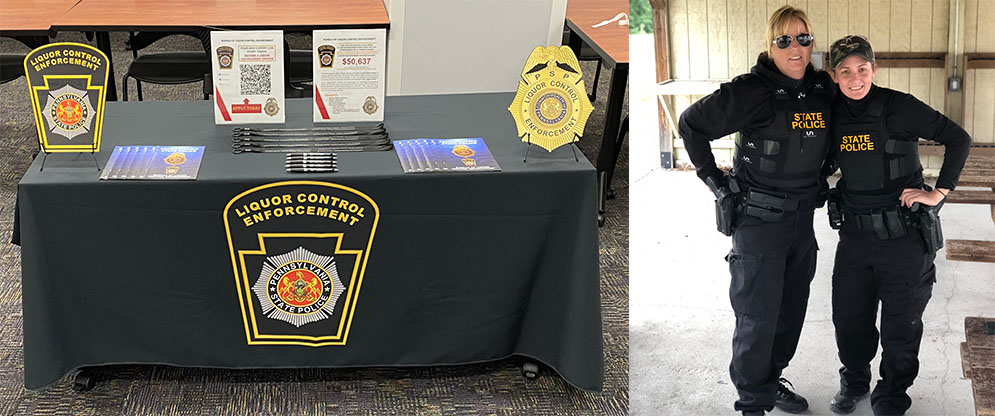 A table setup that a recruiter might use and a photo of two LEOs