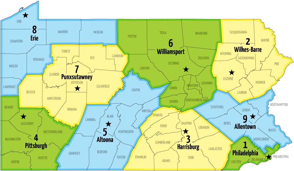 County map of PA with LCE offices and districts