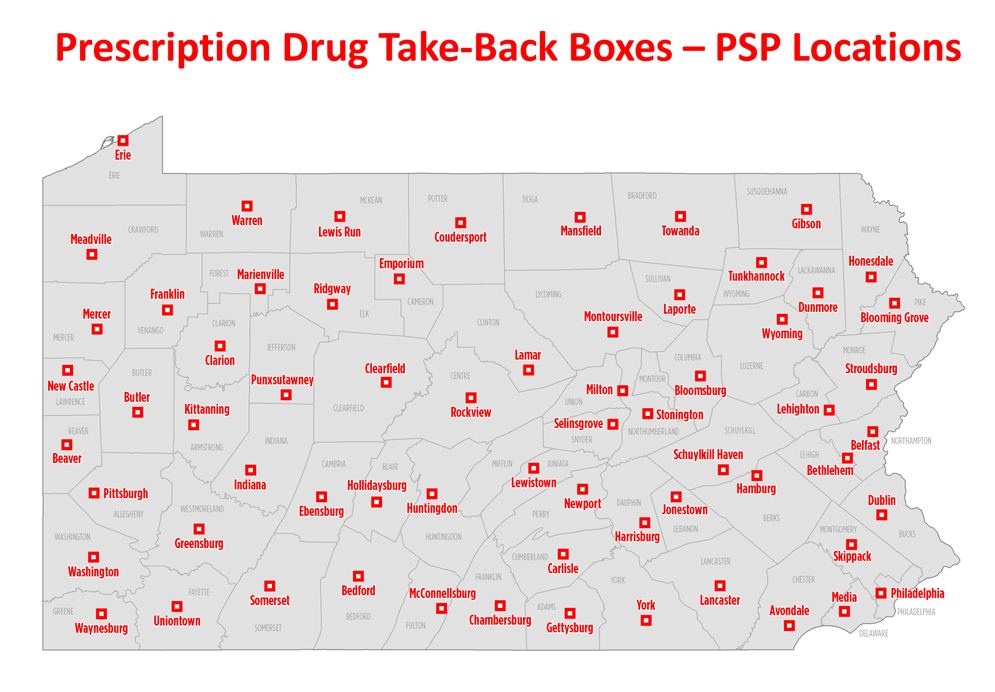 A map of Drug take back boxes at PSP stations