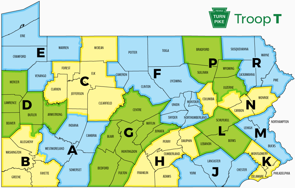 A map of Pennsylvania showing Troop boundaries